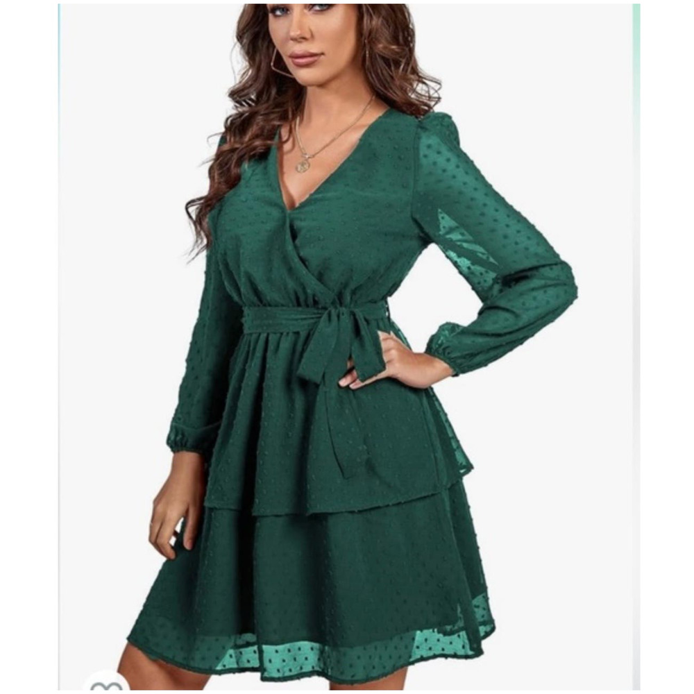 Japna Women’s Wrap V Neck Lantern Long Sleeve Double Layer Ruffle Forest Green M